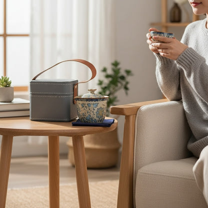 Service à Thé de Voyage Kung Fu Portable en Porcelaine Bleue et Blanche - 1 Théière, 3 Tasses, Motif Lotus & Étui