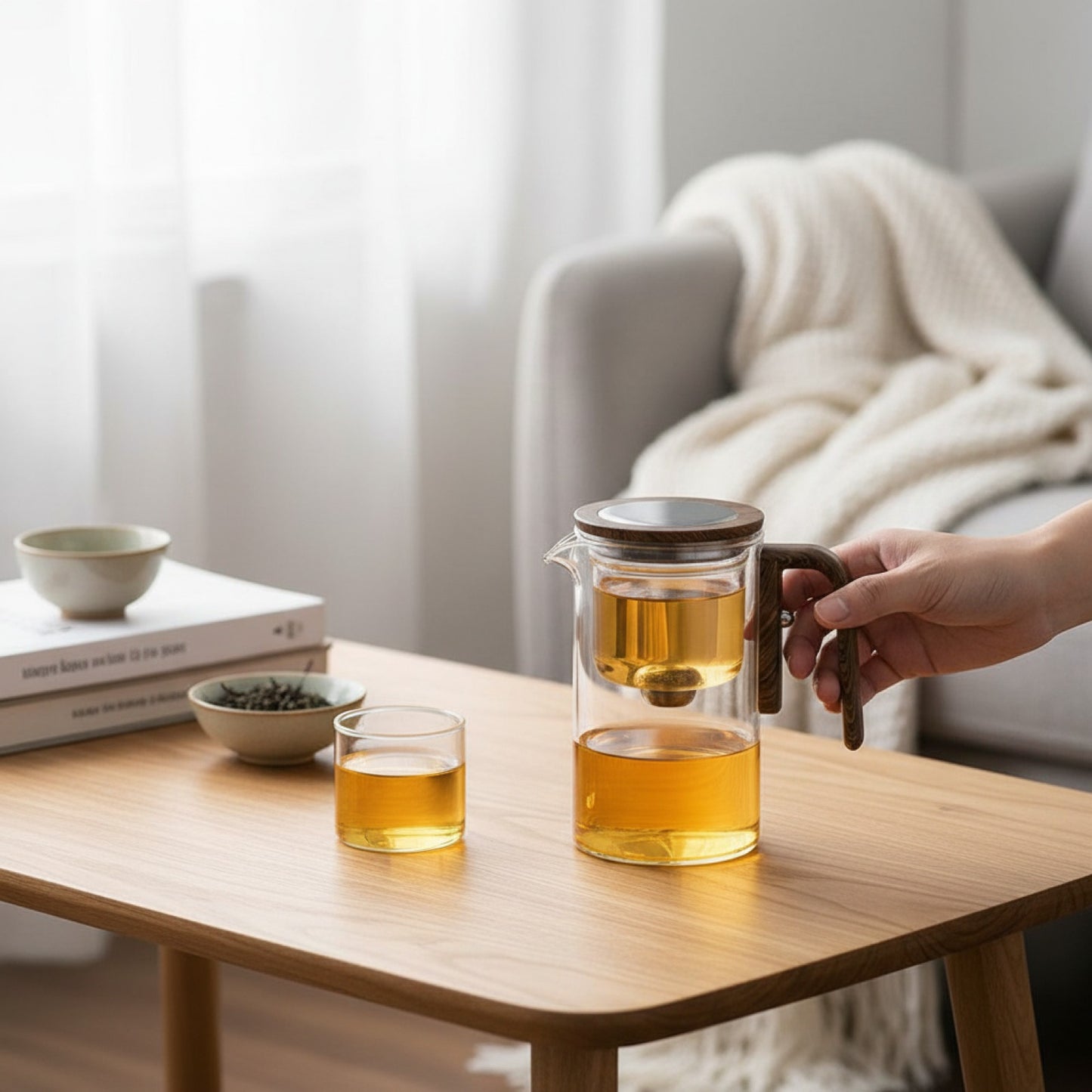 Théière en Verre avec Séparateur Magnétique et Manche en Bois - Infusion Facile