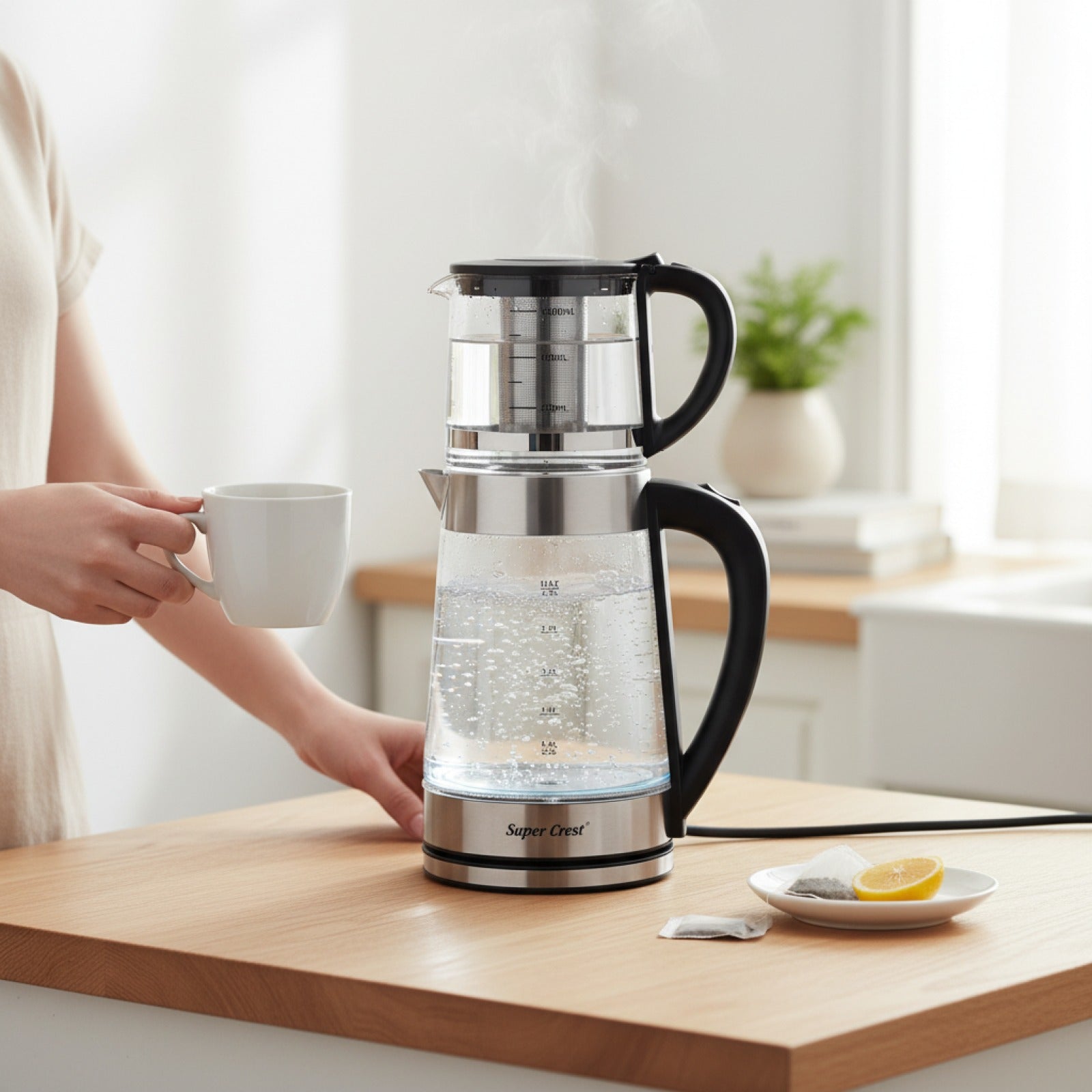 Bouilloire Électrique Verre 1800W avec 2 Pots - Ébullition Rapide & Sécurité