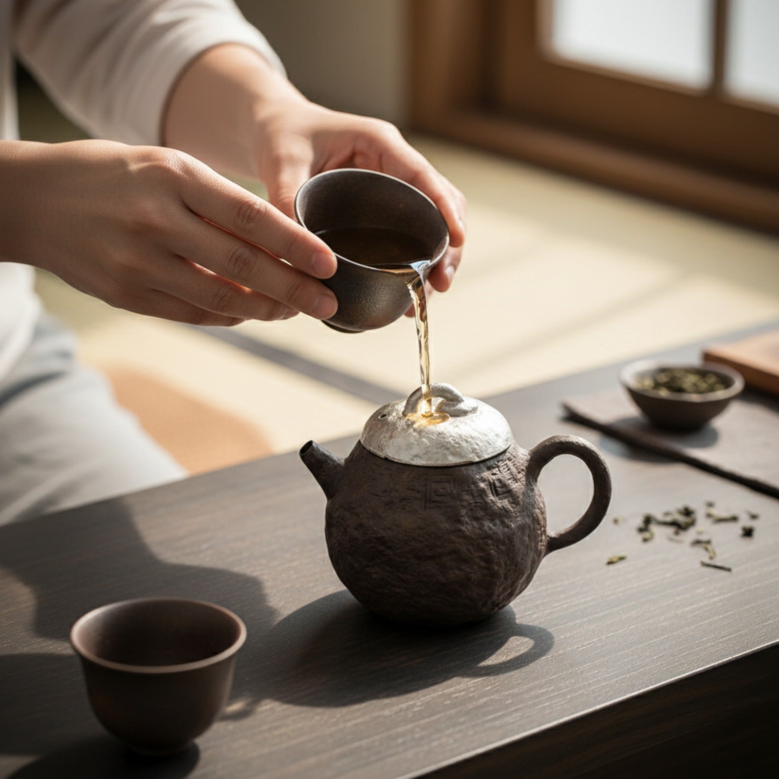 Théière Japonaise Argentée & Dorée - Poterie Grossière & Infuseur à Thé