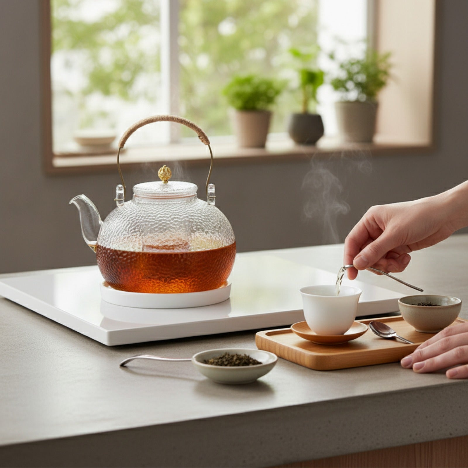 Théière en Verre Épais avec Manche Cuivre - Résistante Haute Température & Poêle Céramique