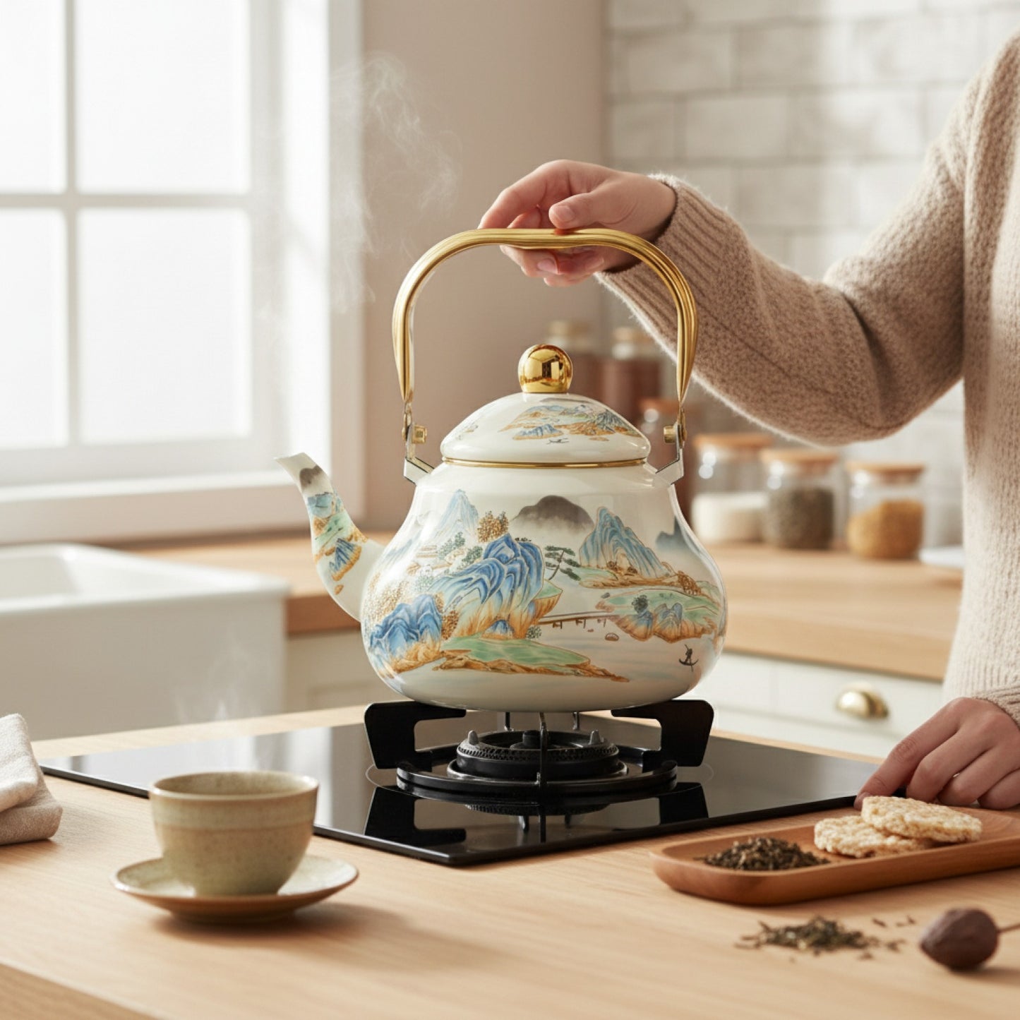 Bouilloire Émaillée Rétro Coréenne - Théière Design Paysage pour Cuisinière à Induction & Gaz