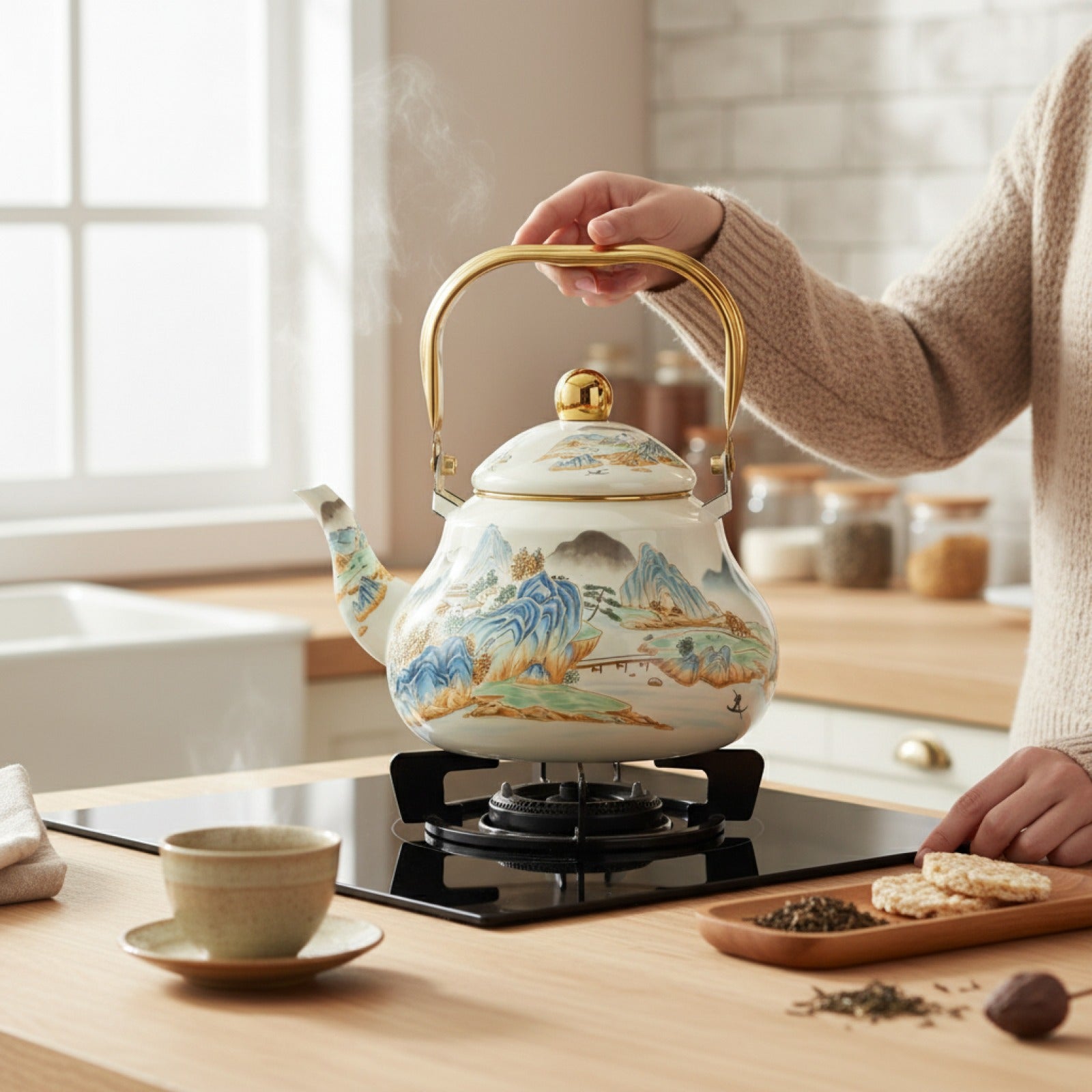 Bouilloire Émaillée Rétro Coréenne - Théière Design Paysage pour Cuisinière à Induction & Gaz