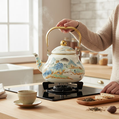 Bouilloire Émaillée Rétro Coréenne - Théière Design Paysage pour Cuisinière à Induction & Gaz