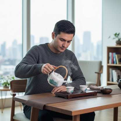 Théière Vintage en Céramique Lotus Peinte à la Main avec Poignée Bambou - Idéale pour le Thé Gongfu