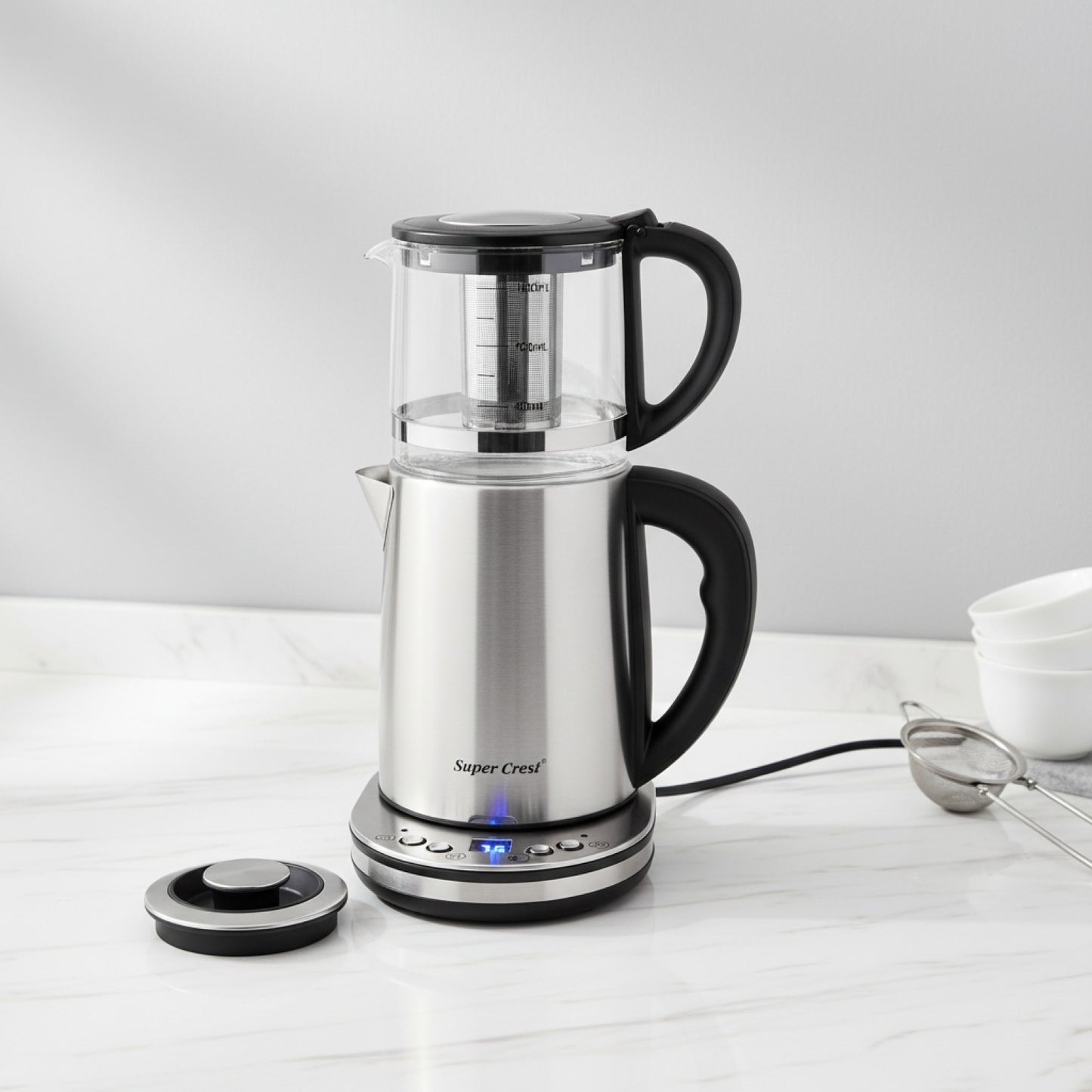 Double Bouilloire Électrique 1500W 2.5L + 1L en Verre avec Écran LCD - Maintien au Chaud & Arrêt Auto
