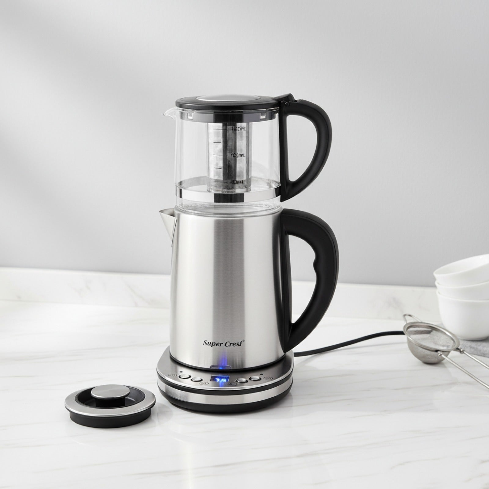 Double Bouilloire Électrique 1500W 2.5L + 1L en Verre avec Écran LCD - Maintien au Chaud & Arrêt Auto