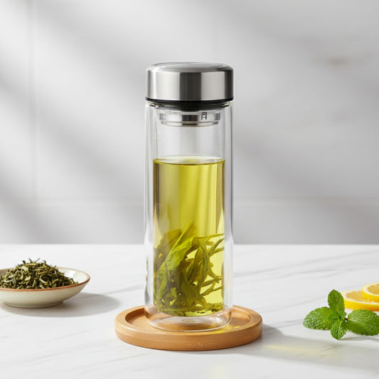 Théière Double Paroi en Verre Borosilicate Haute Température - 350ml avec Filtre Inox