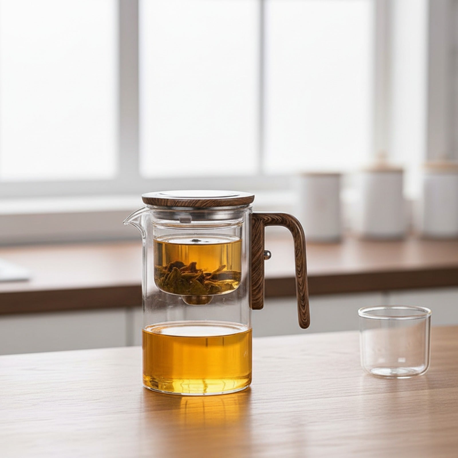 Théière en Verre avec Séparateur Magnétique et Manche en Bois - Infusion Facile