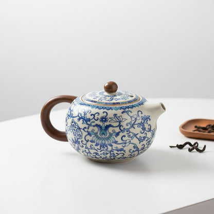 Théière en céramique Ru Kiln - Design rétro bleu et blanc fait main