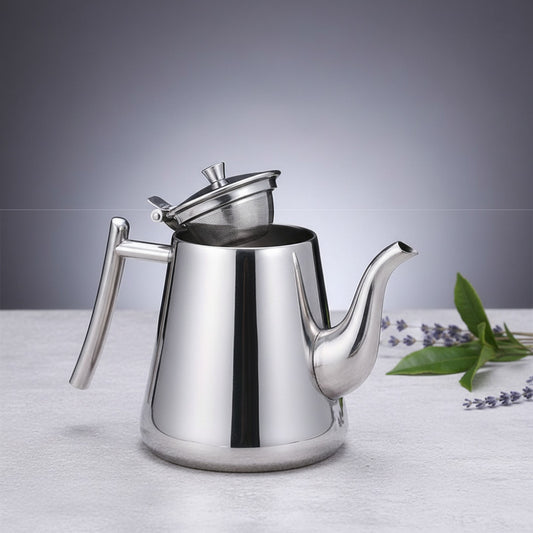 Théière Design Argentée avec Filtre Amovible et Couvercle Anti-Brûlure
