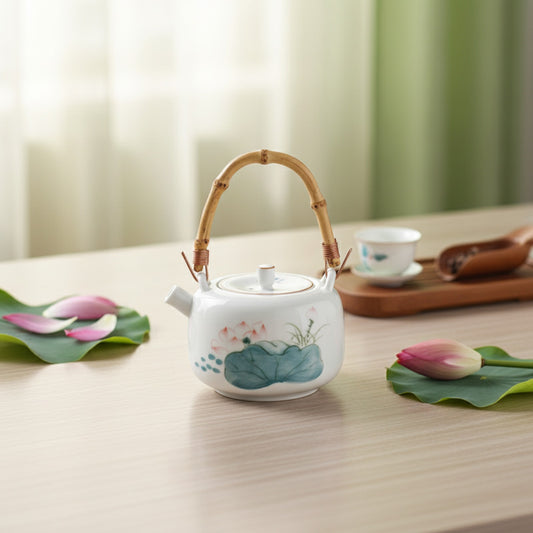 Théière Vintage en Céramique Lotus Peinte à la Main avec Poignée Bambou - Idéale pour le Thé Gongfu