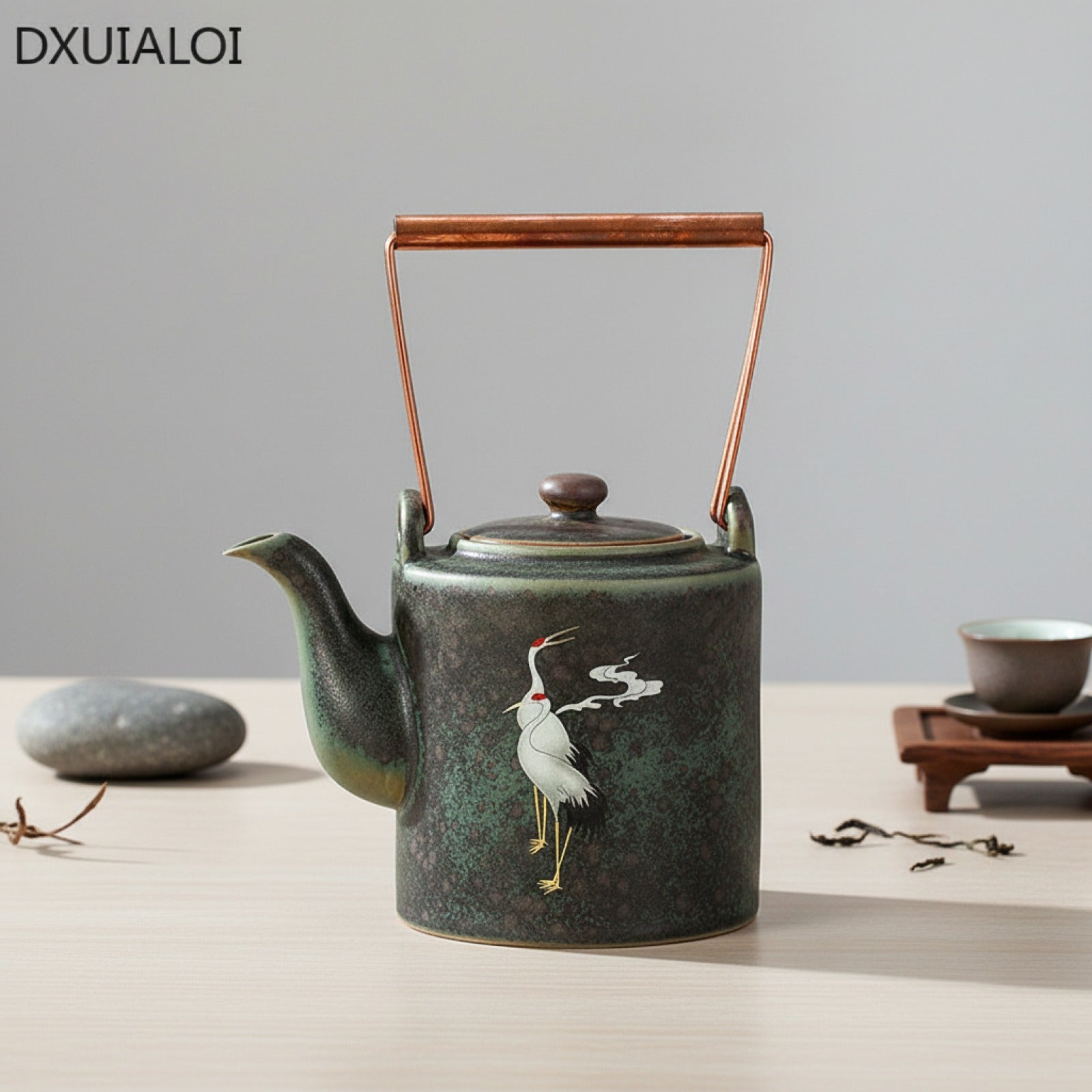 Théière Rétro en Céramique Chengxiang - Design Grue & Poignée Cuivre pour Thé Kung Fu