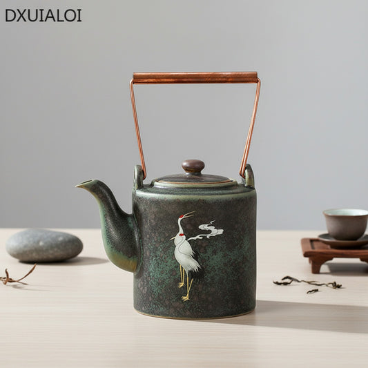 Théière Rétro en Céramique Chengxiang - Design Grue & Poignée Cuivre pour Thé Kung Fu