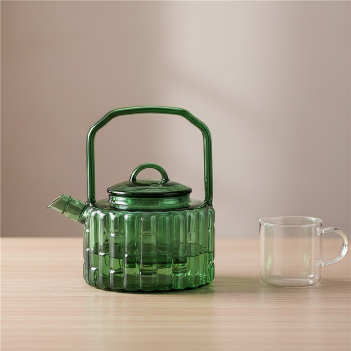 Théière en Verre Bambou Vert 300ml avec Filtre - Infuseur à Tisane et Service Kung Fu