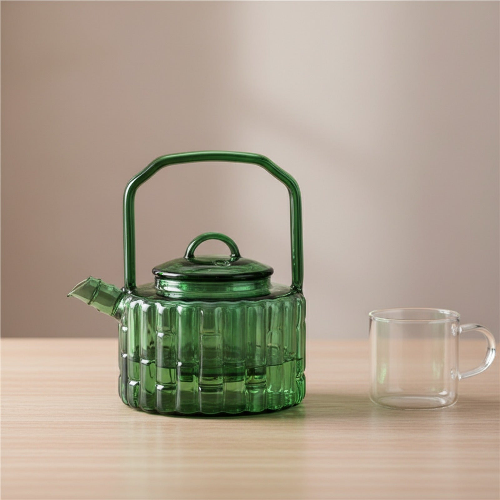 Théière en Verre Bambou Vert 300ml avec Filtre - Infuseur à Tisane et Service Kung Fu